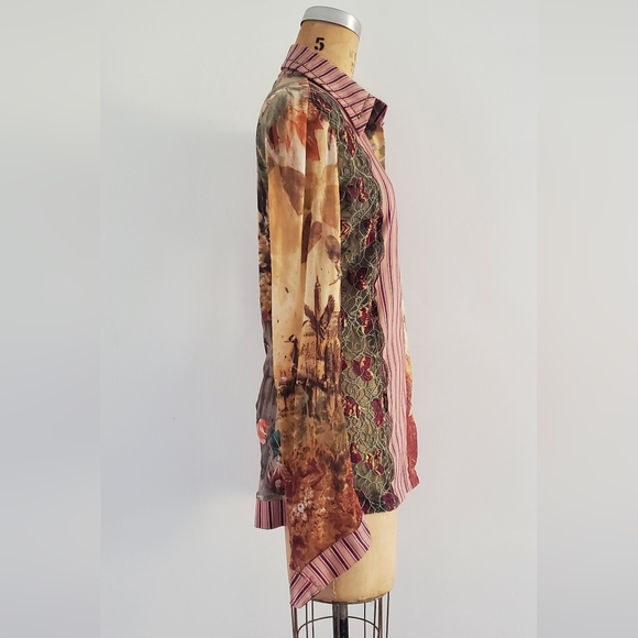 SAVE THE QUEEN long sleeve mixed fabric button down blouse, size L, colorful - Picture 2 of 11